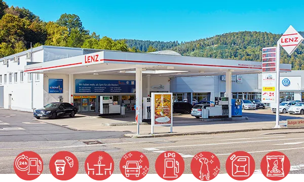 Tankstelle Eberbach – Aufnahme von anderer Straßenseite Blick auf Station und Autohaus